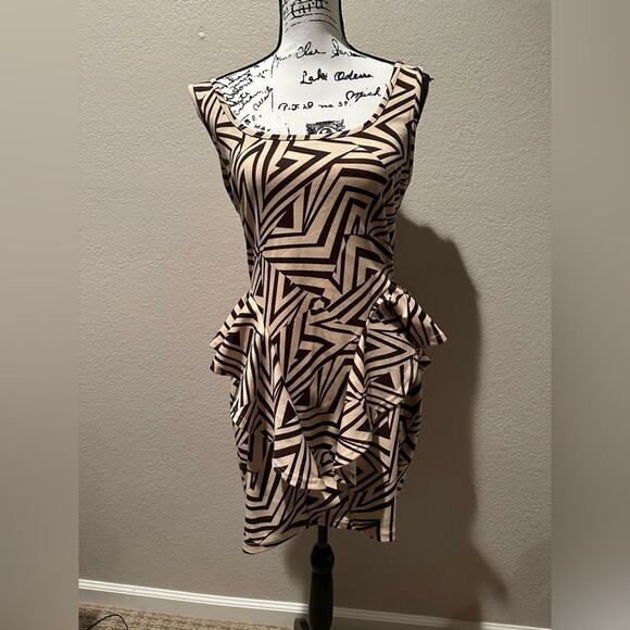 Dots brown and tan ruffle hip party dress sz L - Picture 1 of 3
